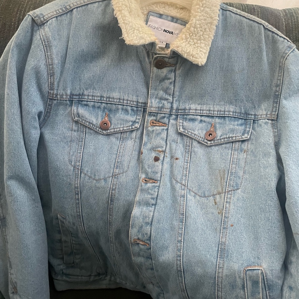 Fashion Nova Men's Blue Denim Jacket with White Sherpa